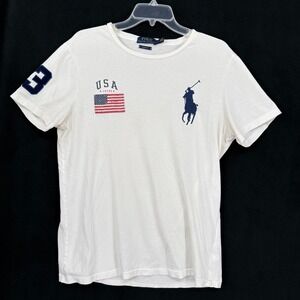 Polo Ralph Lauren White USA Flag Big Blue Pony Custom Fit T-Shirt Mens Large
